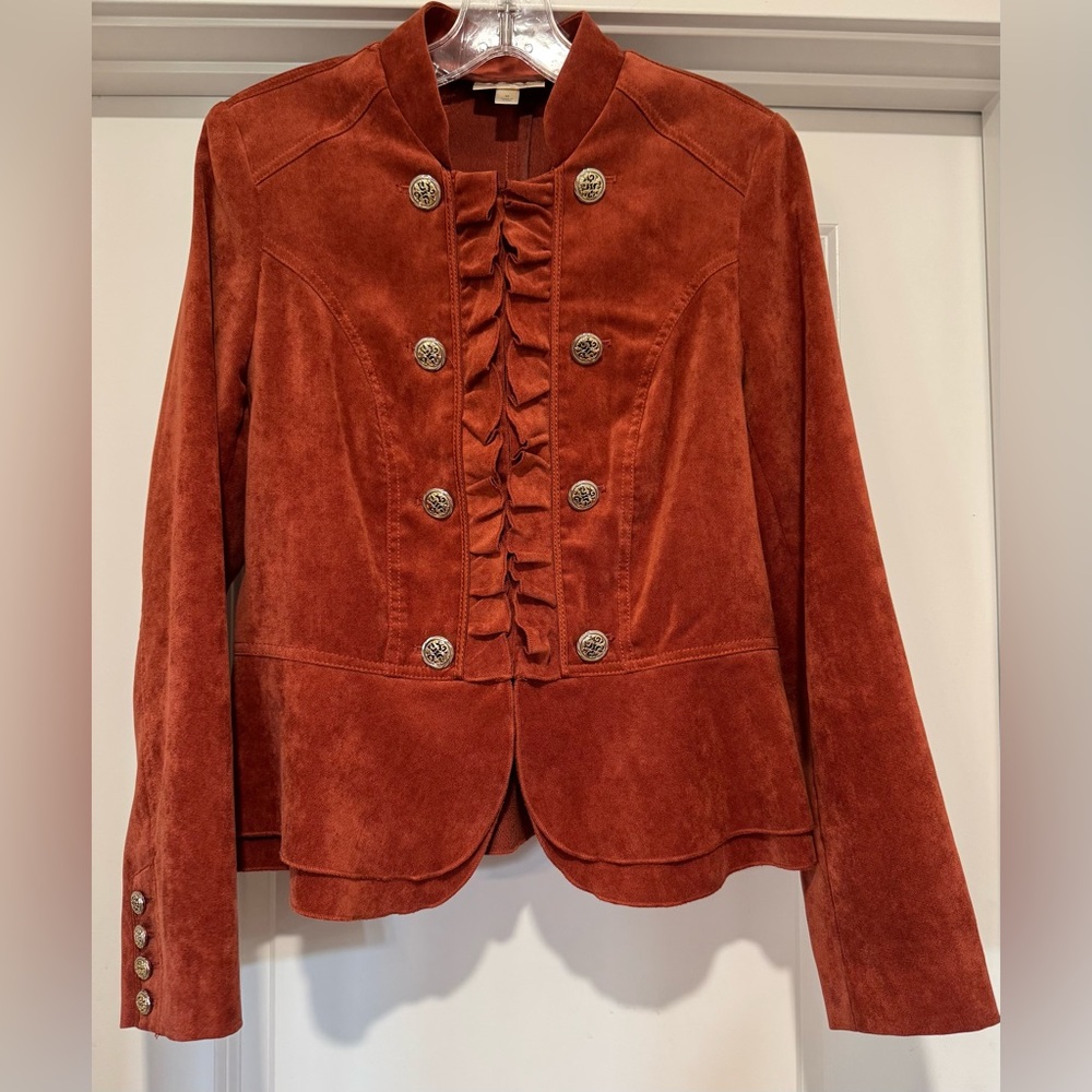Dressbarn Rust Faux Suede Ruffle-Front Blazer Jacket with Button Detail Size M